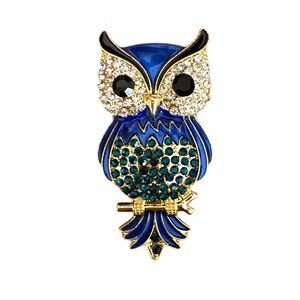 Blue and Crystal Owl Brooch in Gold Tone